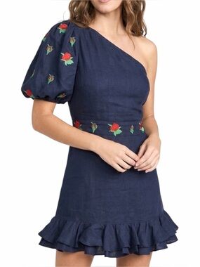 FANM MON 100%  Linen One Shoulder Puff Sleeve Rose Embroidered Ruffle Dress‎